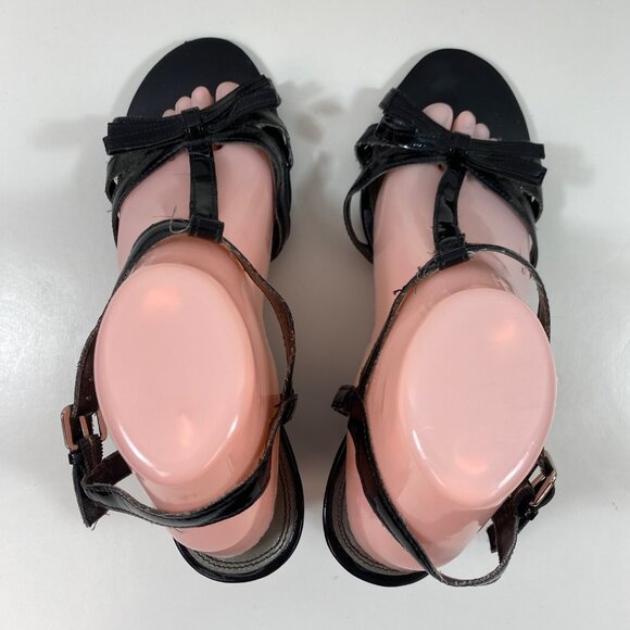 Predictions Womens Black Patent Leather T-Strap Wedge Heel Sandals Bow Size 9.5 - Picture 10 of 14